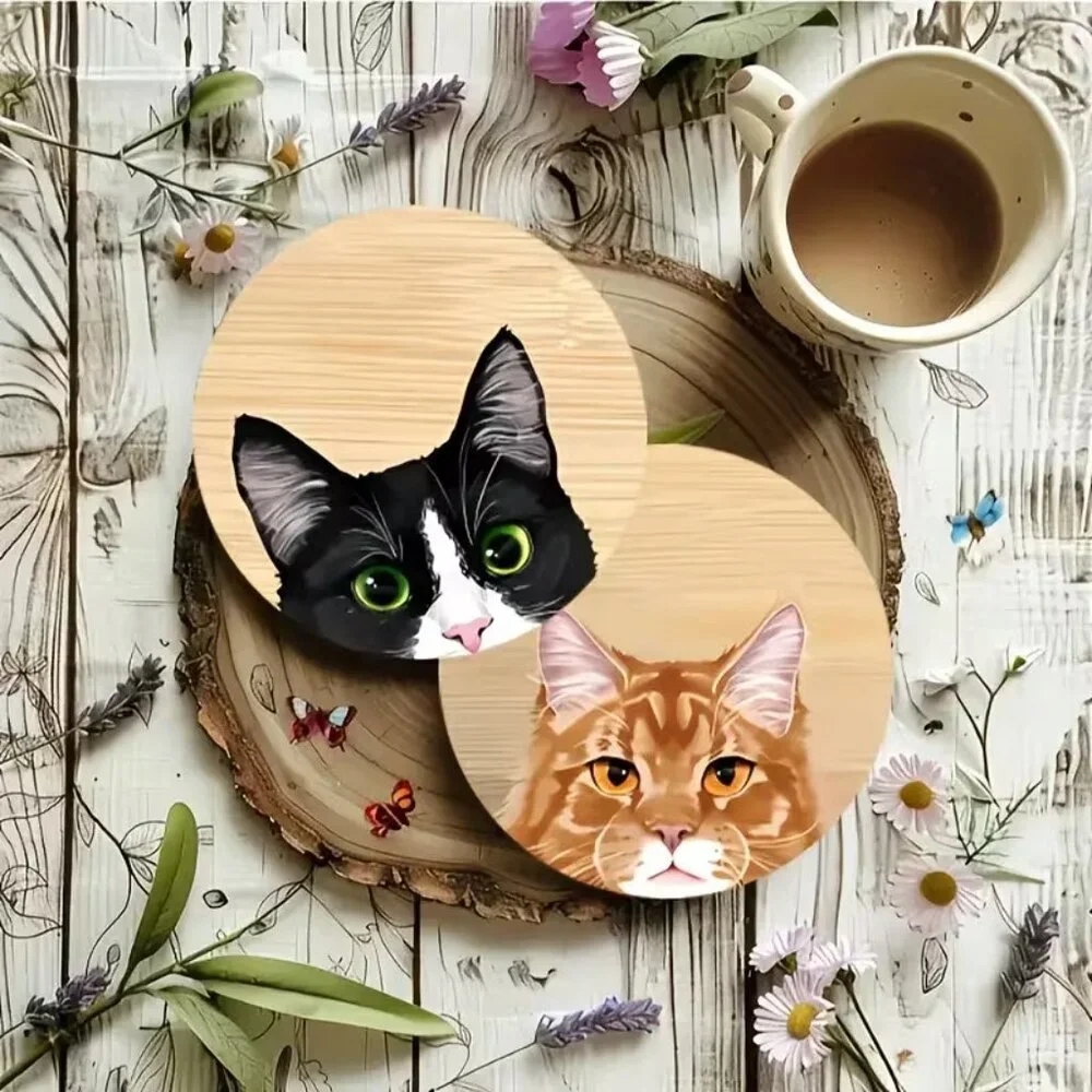 (6 Pc) Cute Cat Heads Wooden‎ Coaster Set (NEW & SO CUTE!)
